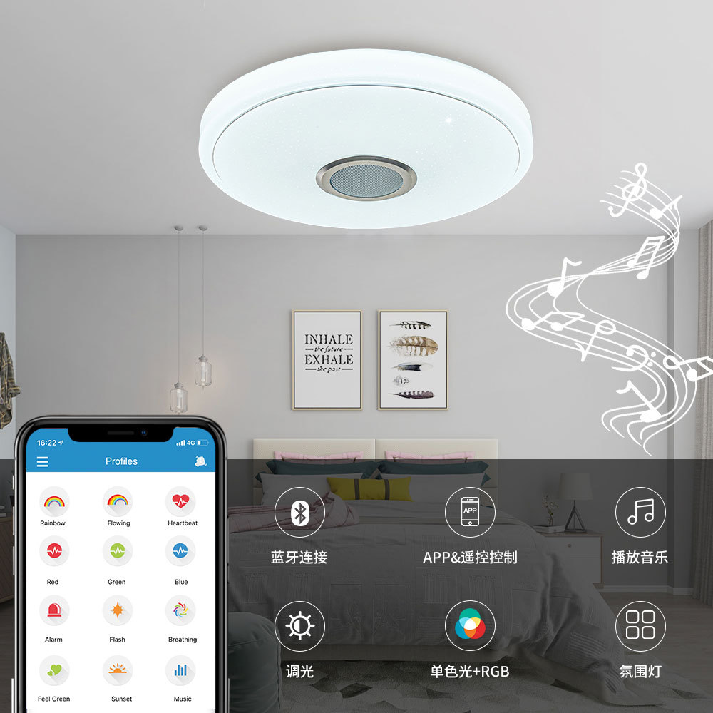 跨境蓝牙音乐吸顶灯圆形33CM智能APP遥控卧室儿童灯LED氛围灯装饰