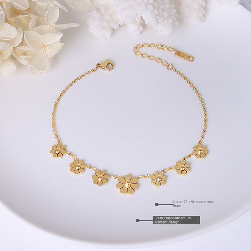 Japanese and Korean-inspired Ins-style chrysanthemum petal anklet, versatile accessory chain made of titanium steel, 18K gold-plated, genuine gold anklet jewelry