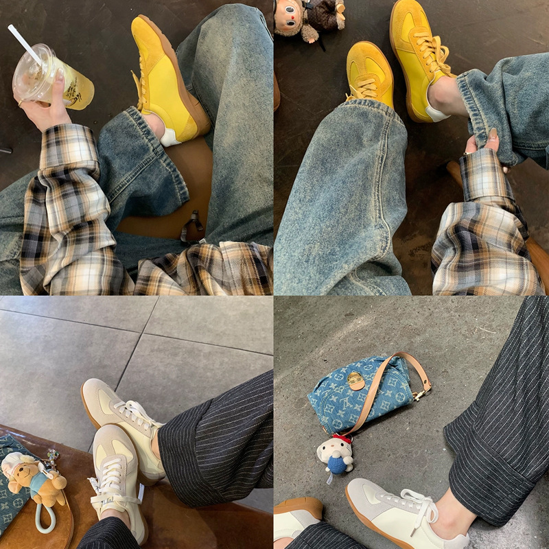 牛皮葡萄妈同款系带拼色圆头百搭休闲运动鞋女真皮板鞋增高德训鞋|undefined