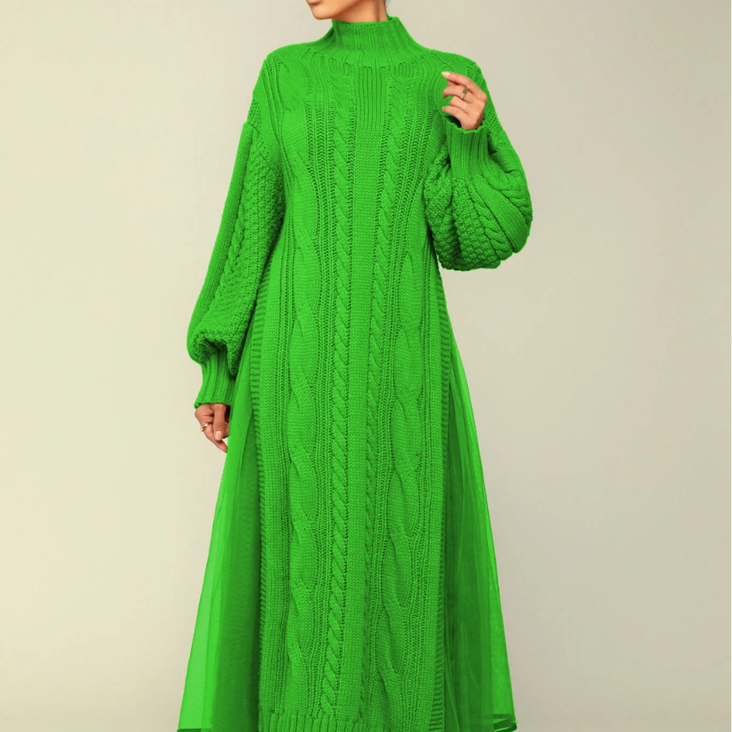 Vêtements pour femmes mode féminine couleur unie manches lanterne col montant jupe tricotée pull jupe robe costume deux pièces_voghion.com