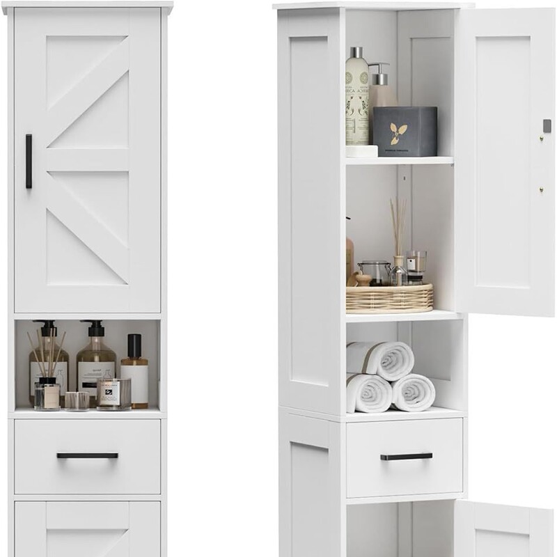 Tall Bathroom Storage Cabinet with 2 Door Compartments and 1 Drawer, Narrow Storage Unit with Adjustable Shelves for Bathroom and Living Room