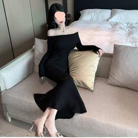 秋冬辣妹一字领针织连衣裙韩版大翻领荷叶边包臀礼服鱼尾裙中长裙
