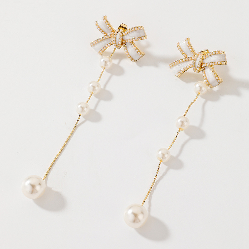 925 Silver Needle Drop Oil Bow Pearl Tassel Earrings Two-wear High-quality Earrings display picture 3