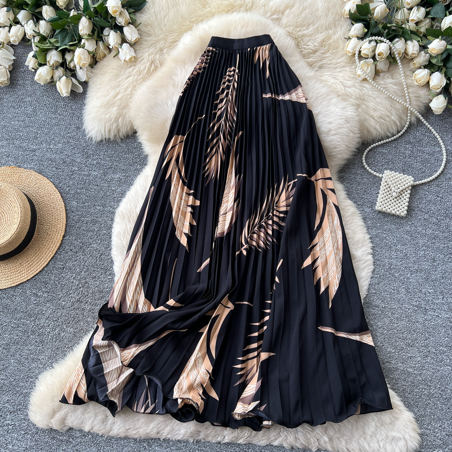 High Waisted Slimming Pleated Midi Skirt for Women French Style Printed A-Line Perfect for Summer Vacation And Work_ecoleips.com
