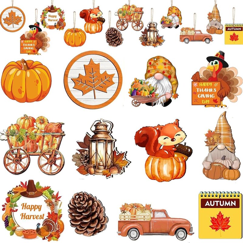 36 Pieces of Autumn Thanksgiving Gnome Wooden Hanging Ornaments, Pumpkin Leaves, Flowers, Autumn Tree Decorations, Holiday Party Decorations