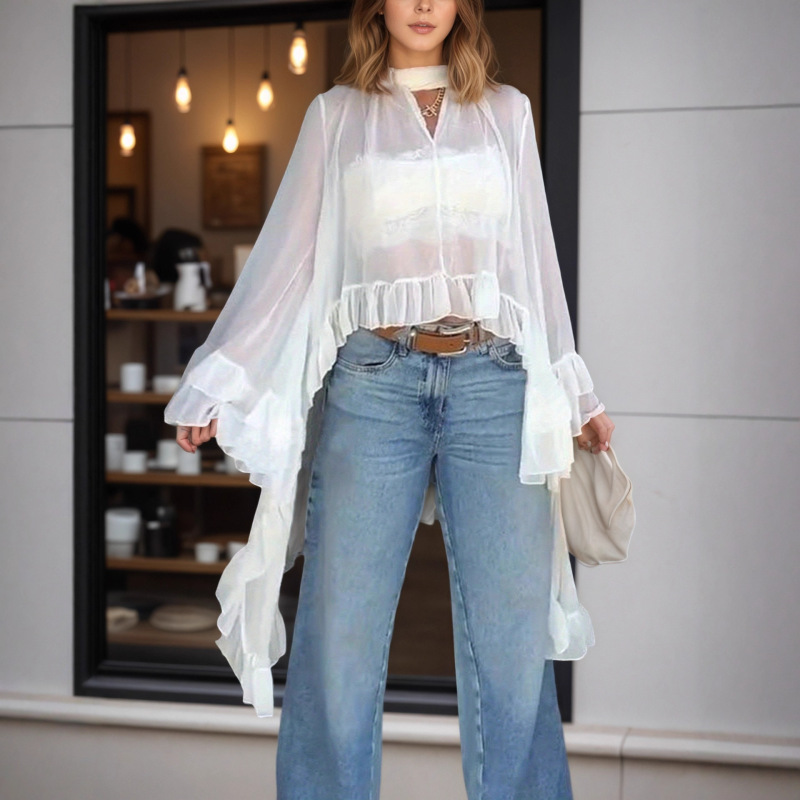 European and American Style Summer New Women's Clothing Sexy Halter Neck See-Through Cape Shirt Ruffled Long-Sleeved Blouse Top for Women European and American Style Summer New Women's Clothing Sexy Halter Neck See-Through Cape Shirt Ruffled Long-Sleeved Blouse Top for Women