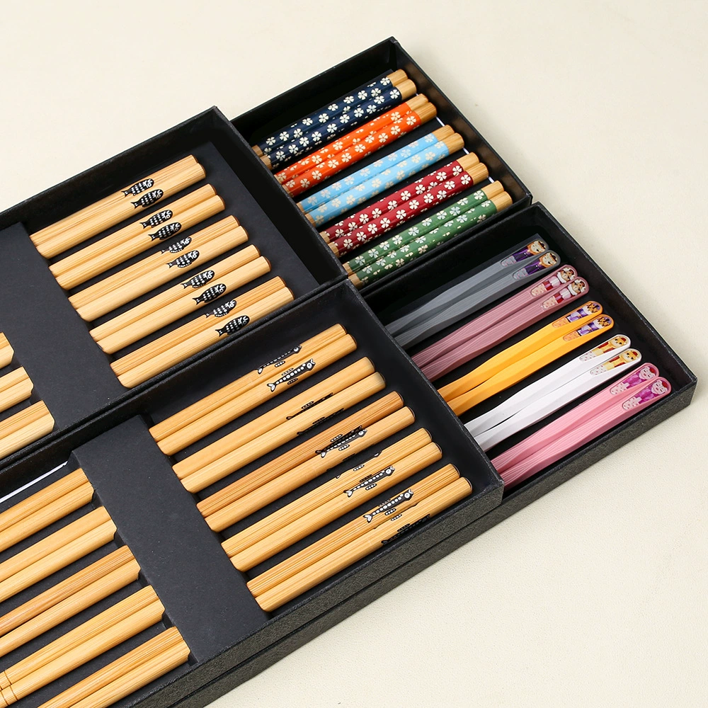 Бамбуковые палочки для еды оптом Японские остроконечные бамбуковые палочки для еды маленькие цветочные палочки для рыбы 5 пар черной подарочной коробки в наличии рекламные подарочные палочки для еды