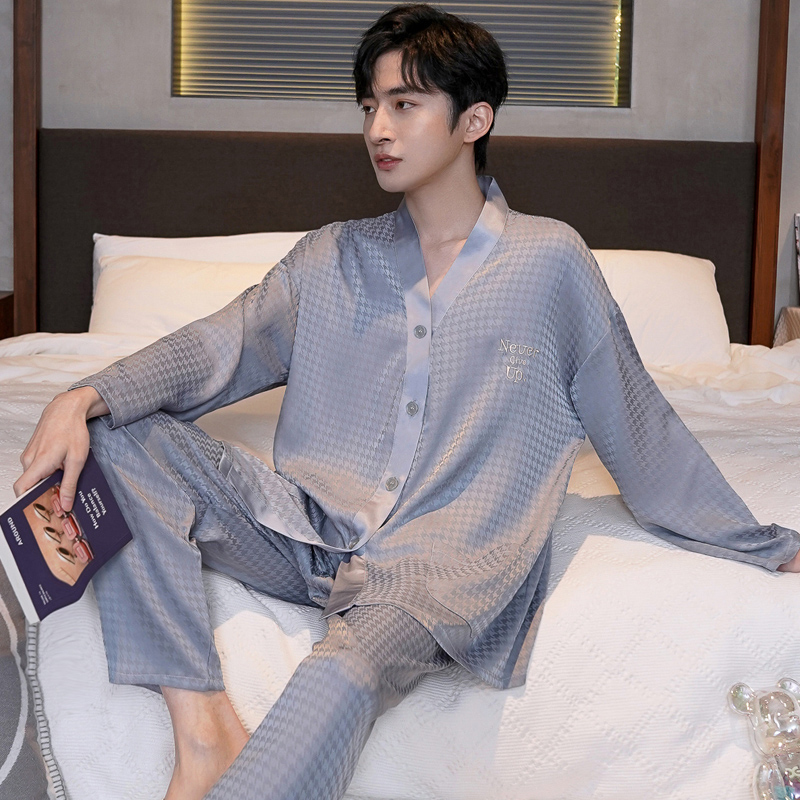 2025新款夏季睡衣男士桑蚕丝春秋季长袖薄款真丝丝绸套装家居服|undefined