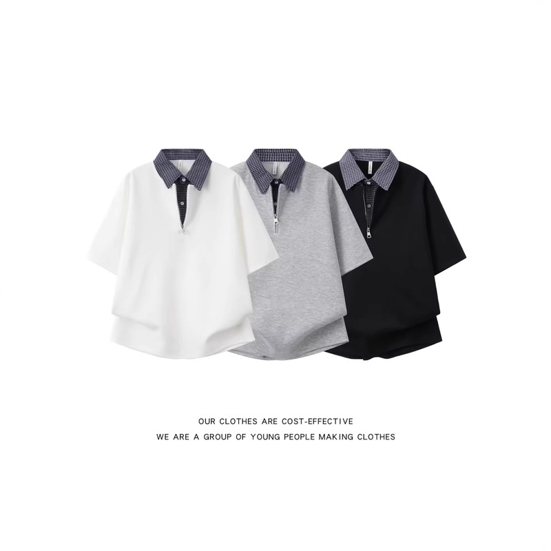 American-Style High-End Fake Two-Piece Plaid Patchwork Polo Collar Short-Sleeve T-Shirt for Men, Summer College Style Turn-Down Collar Top