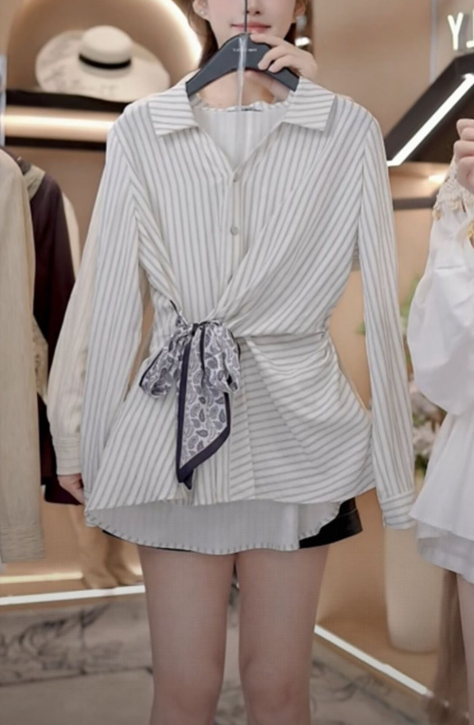 条纹长袖衬衫女2025秋季新款高级感洋气减龄休闲系带收腰显瘦上衣|undefined