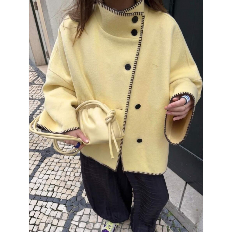 Amazon cross-border classic color-block casual versatile stand-up collar jacket, loose fit, cream yellow, retro long-sleeve outerwear for women