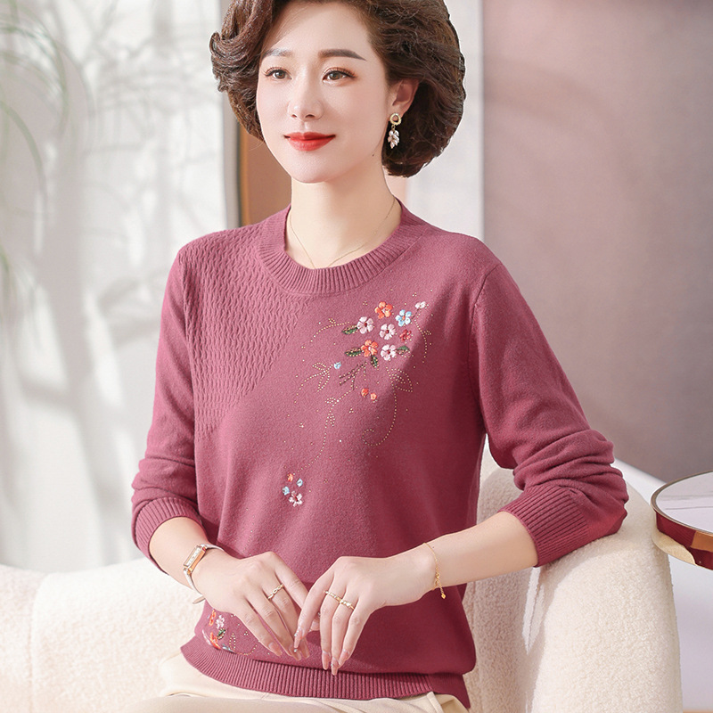 恒源祥妈妈羊绒衫春秋新款中年针织衫洋派上衣中老年圆领女士毛衣