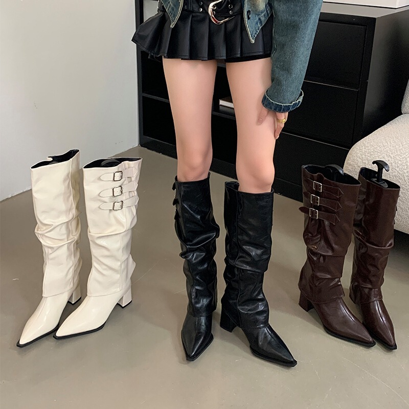 Mi Ting Retro Pointed-Toe Spicy Girl Style High-Heeled Long Boots for Women 2026 Autumn and Winter New Style Two-Way Wear Chunky Heel Ruched Booties Mi Ting Retro Pointed-Toe Spicy Girl Style High-Heeled Long Boots for Women 2026 Autumn and Winter New Style Two-Way Wear Chunky Heel Ruched Booties