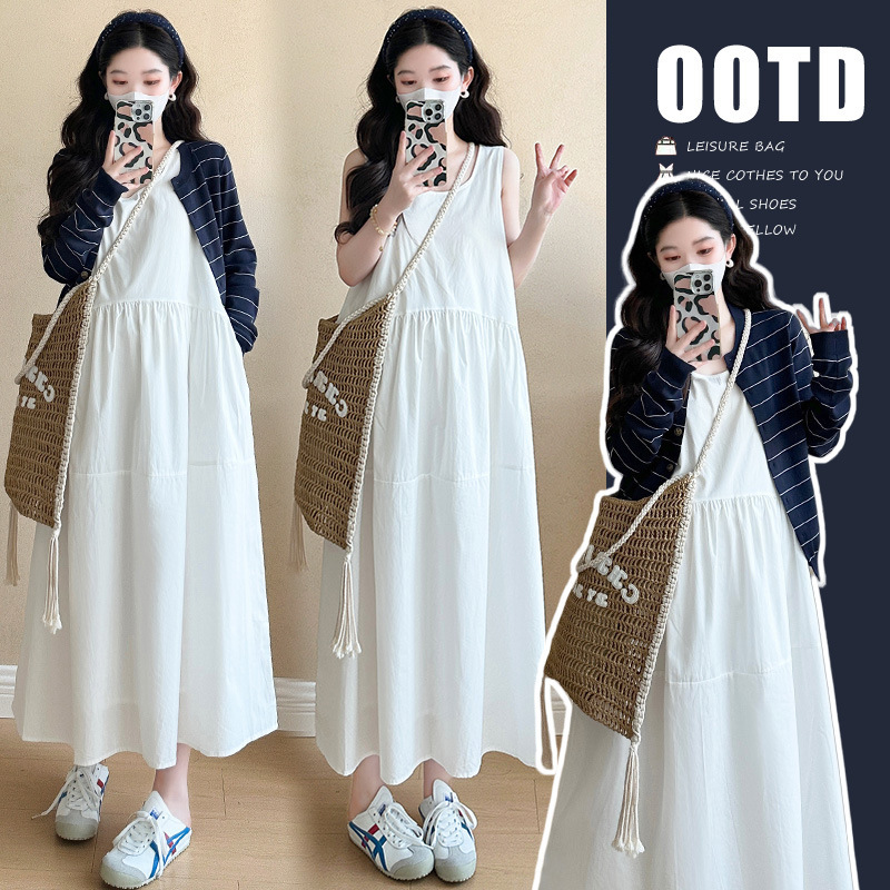 Maternity Wear 2026 Spring New Korean Style Fashionable Loose Vest Dress + Knitted Striped Cardigan Two-Piece Set for Pregnant Women Maternity Wear 2026 Spring New Korean Style Fashionable Loose Vest Dress + Knitted Striped Cardigan Two-Piece Set for Pregnant Women