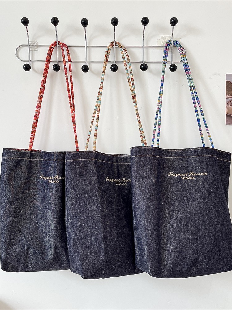 53132 复古双面牛仔帆布包包女新款韩国百搭通勤大容量单肩布包