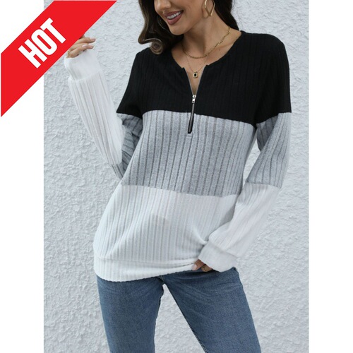 Women's Fashion Spring European and American Long Sleeve Zipper Contrast Color Top