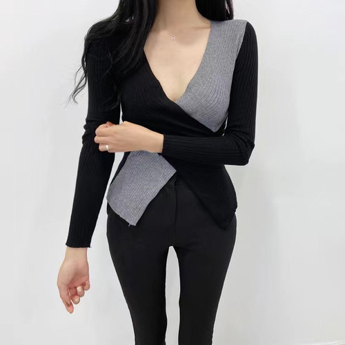Women's Color-blocked V-neck Knit Top 2025 Summer Autumn New Arrival Korean Style Asymmetrical Design Crossed Long Sleeve Base Layer T-shirt