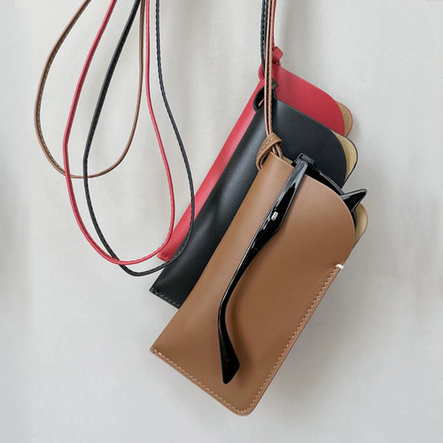 Cross-border necklace-style sunglasses bag, high-quality PU leather sunglasses storage bag, portable solid color sunglasses necklace bag