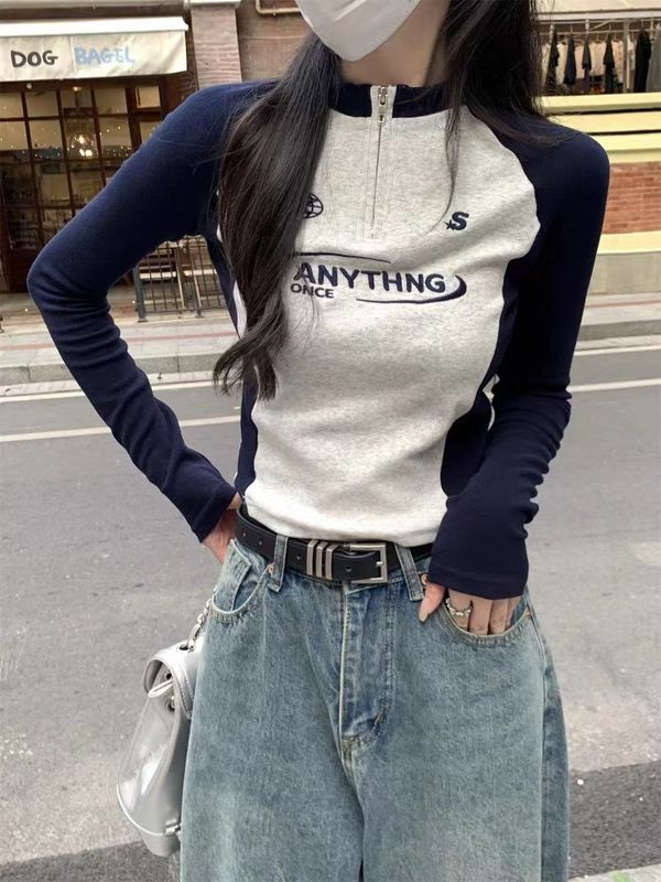 辣妹撞色拼接半开领长袖恤女春秋新款修身显瘦打底衫上衣跨境批发|undefined