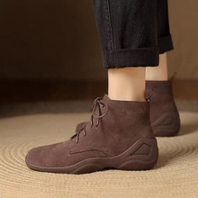 2025秋冬显脚小短靴女新款坡跟系带复古英伦风单靴加绒保暖马丁靴