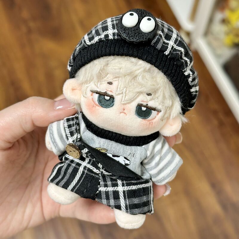 10cm Doll Clothes Cotton Doll Striped T-Shirt Black Plaid Overalls Black Charcoal Hat Doll Dress-Up Clothes