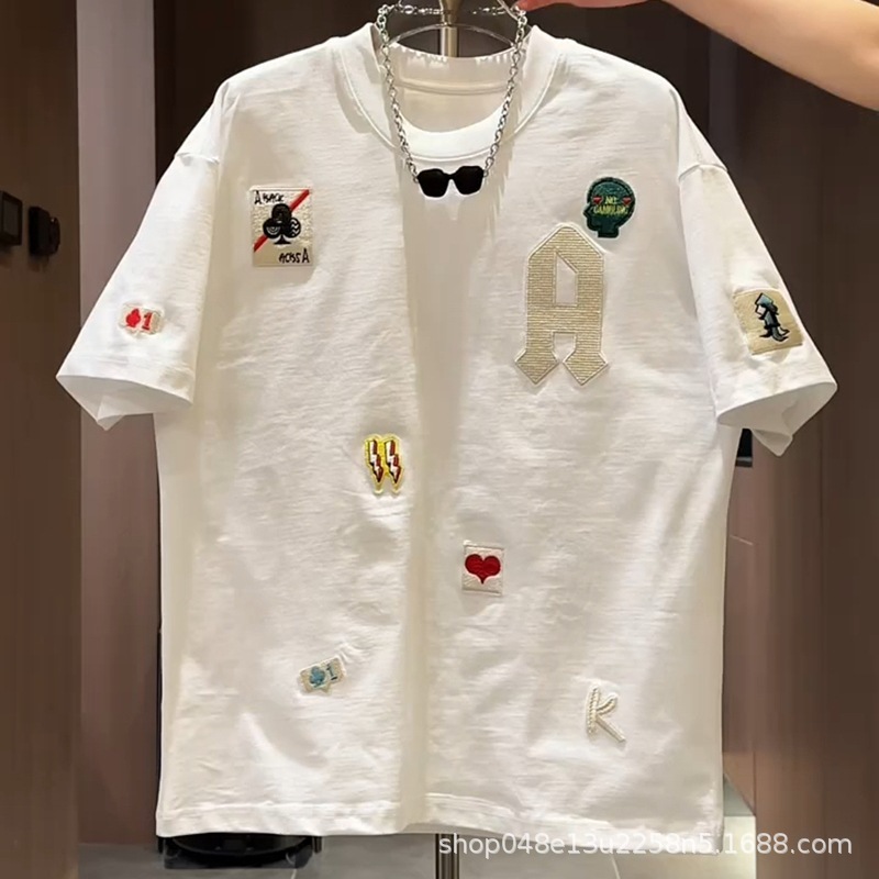 潮流ins设计款彩色刺绣半截袖体恤夏季新款男士韩版修身短袖t恤衫|undefined