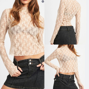 2024 European and American Fashion Women's Sexy See-Through Navel-Baring Lace Short Long-Sleeved Slim Bottoming Top