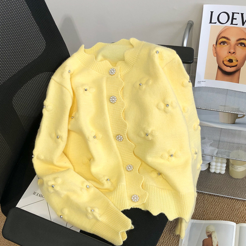 Z白色名媛刺繍ニットカーディガン2025早秋上着花セーターコート春装新作外着女性|undefined