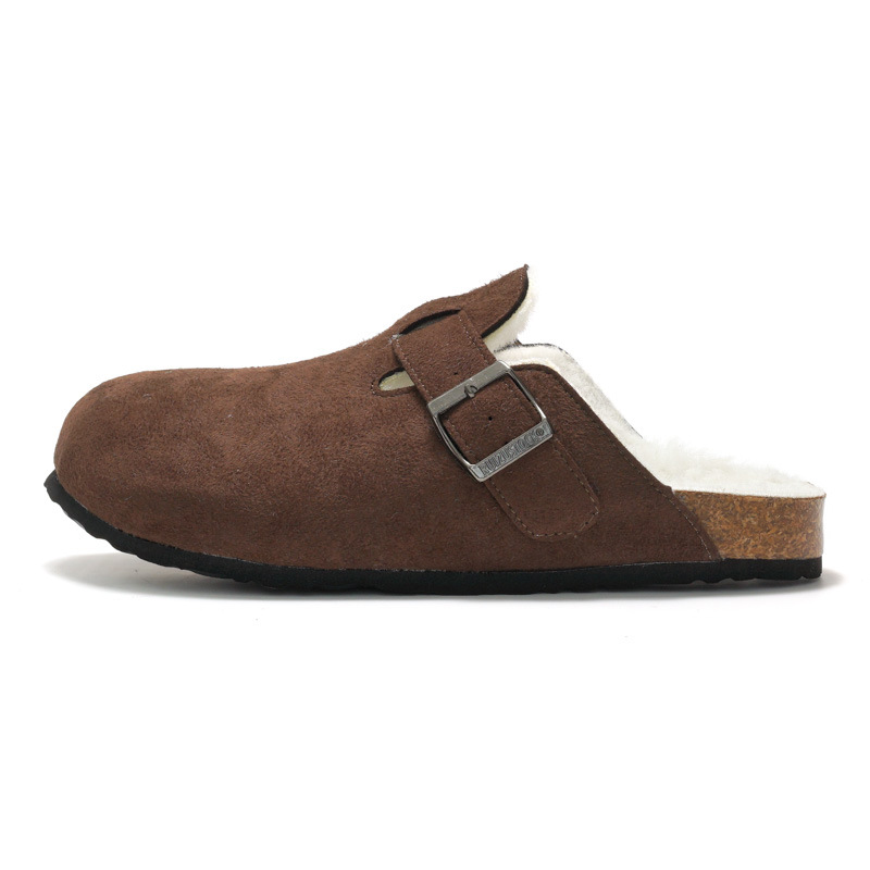 RUIZUSTOCK Winter Men's Closed-Toe Cork Slippers With Fleece, Women's Cotton Shoes, Warm Sandals, Suede Outdoor Wear_voghion.com