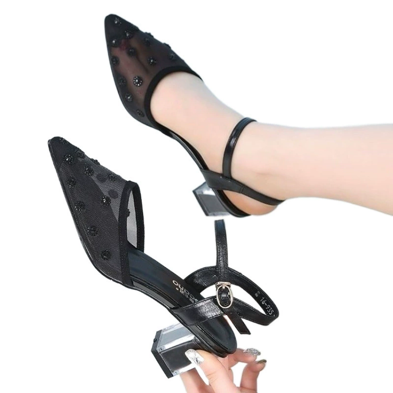 Yi Er Kang Genuine Leather Baotou Mesh Sandals Women's 2025 New Thick Heel Fashion Strap Single Shoes Hollow High Heels