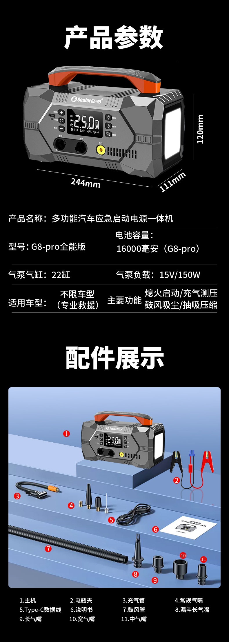 Multifunctional Car Emergency Jump Starter, Air Pump, Blower, Air Extractor, Battery Booster, and Ignition Tool