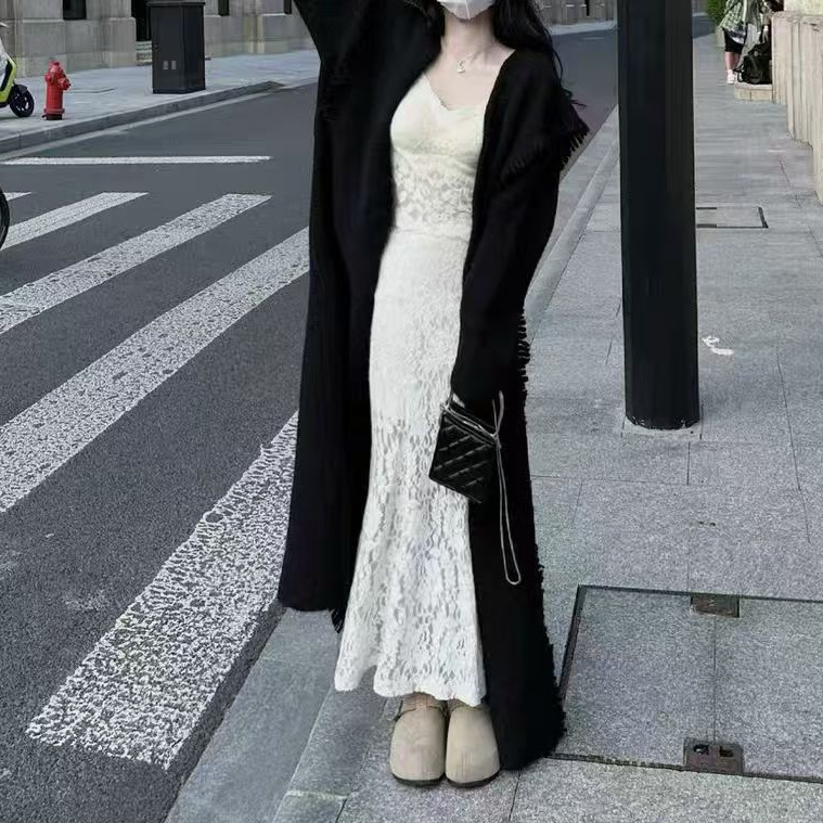 秋冬新款韩版中长款连帽针织开衫女宽松慵懒风休闲过膝流苏边外套|undefined