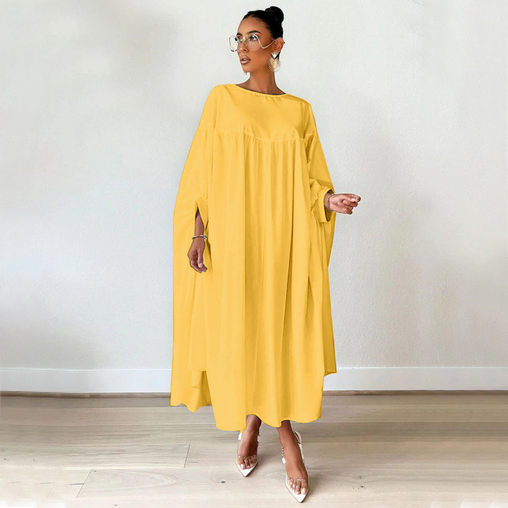 Women Clothing Autumn Winter Solid Color round Neck Loose Pleated Irregular Asymmetric Dress
