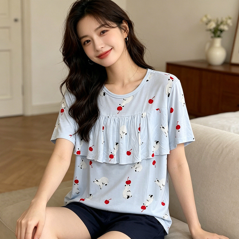 Women's Plus-Size Loose, Comfortable, High-Elastic, Lightweight, Breathable, Anti-Bump, Bra-Free, Short-Sleeved Pajamas That Can Be Worn Outside as Home Wear