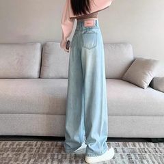 薄い色の狭い版の広脚のジーパンの女性の秋の新型の高腰の小さい背はやせていてゆったりしています。