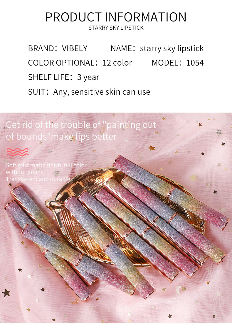 VIBELY Foreign Trade Starry Sky Shining matte Lipstick, non-stick cup, non-fading, small diamond heel Lipstick, cross-border wholesale Application Scenario