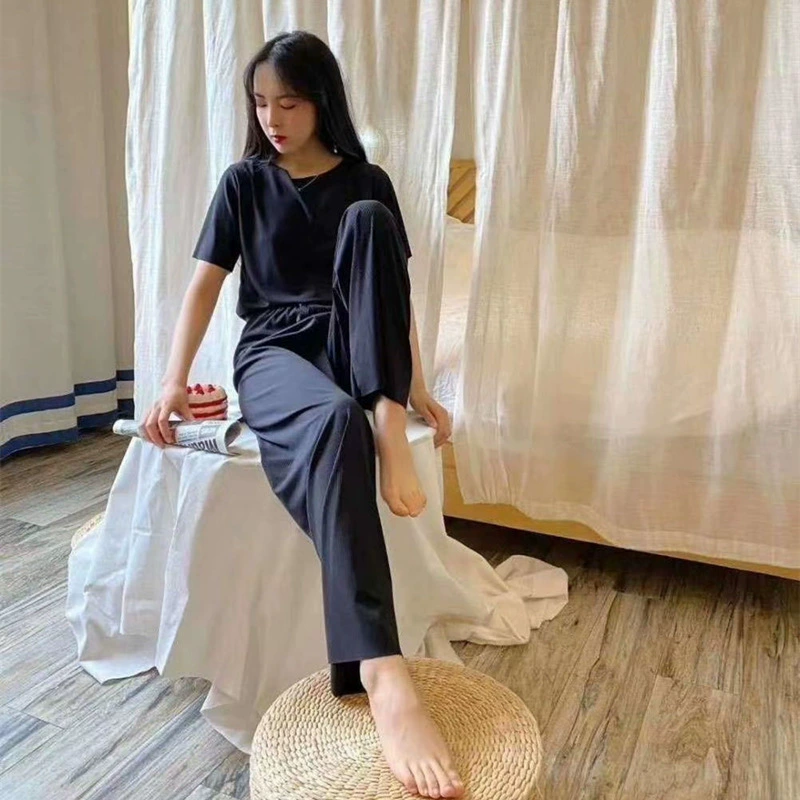 Мягкий костюм из ледяного шелка 2023 Весна Новый Пижама с круглым вырезом костюм однотонный свободный комплект домашней одежды из двух предметов оптом