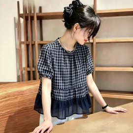 高级感格子短袖衬衫女2026夏新款宽松洋气荷叶边娃娃衫上衣A12246