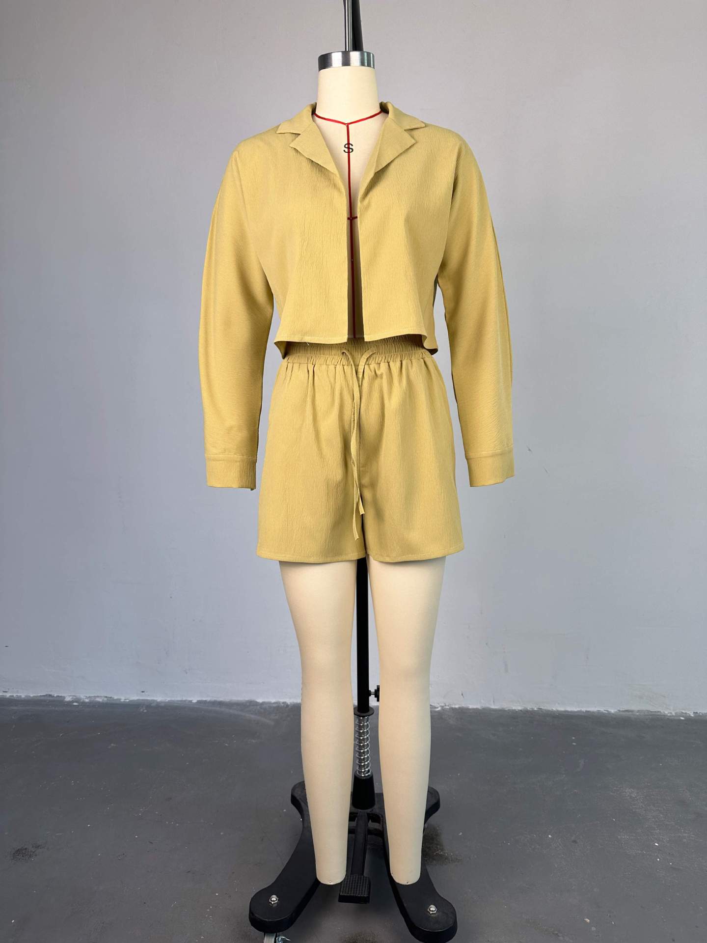 Women Clothing Summer Sweet Fresh Suit Collar Long Sleeve Shirt High Waist Drawstring Shorts Casual Suit