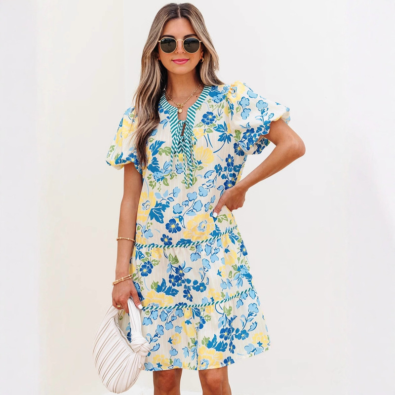 Trendy European and American Cross-Border Elegant Loose Casual Tie-Dye Striped Short Dress Summer New V-Neck Dress for Women Trendy European and American Cross-Border Elegant Loose Casual Tie-Dye Striped Short Dress Summer New V-Neck Dress for Women