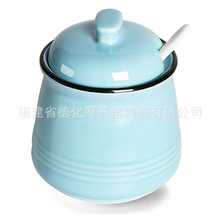 淺藍色瓷質咖啡糖罐配勺子出口外貿 熱銷淺藍色瓷質糖罐調味罐