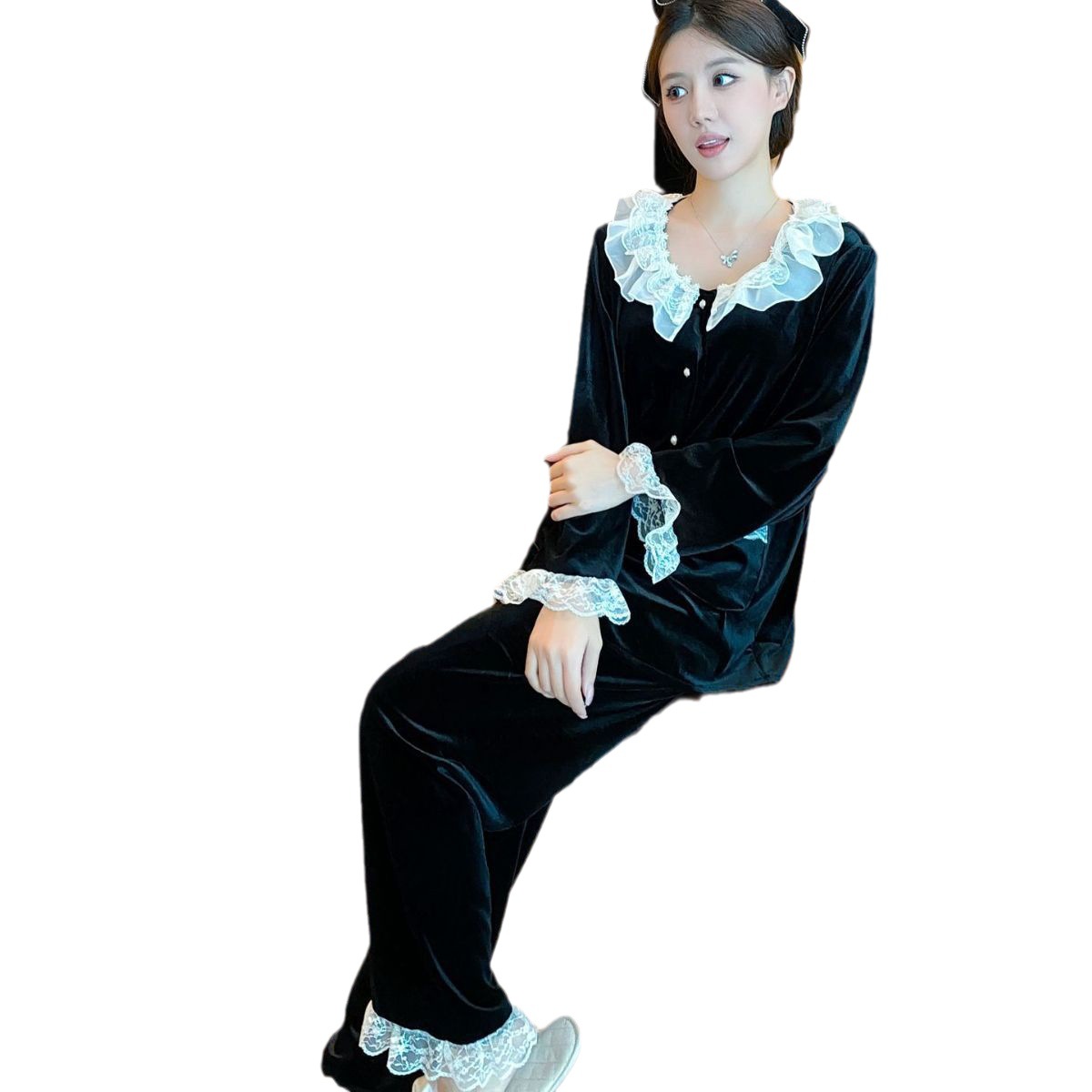 [Terciopelo de oro] pijamas de estilo francés para mujeres 2023 nuevo desgaste casero estilo corte dulce pijamas traje de manga larga Otoño e Invierno