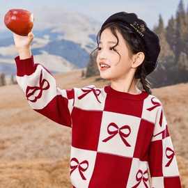 女童红色毛衣加厚2025秋冬装新款洋气儿童针织衫童装圣诞拜年线衣