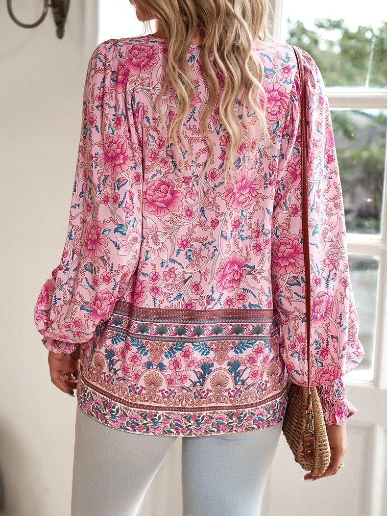 Elegante Florale Damenbluse Mit Bindedetail Und V-ausschnitt_voghion.com