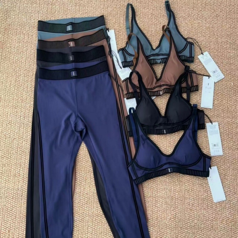 Alo Yoga Clothing Set, Flocked High-Elasticity Sports Top and Leggings, Fitness Training Clothes, Butt-Lifting, High-Waisted, Tummy Control