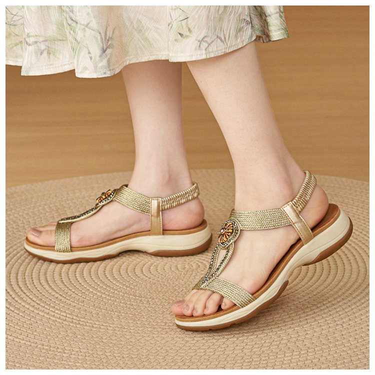 Sandal nữ đế mềm chống trượt phong cách Bohemian đính đá — Champagne màu, màu đen, màu vàng chi tiết 11
