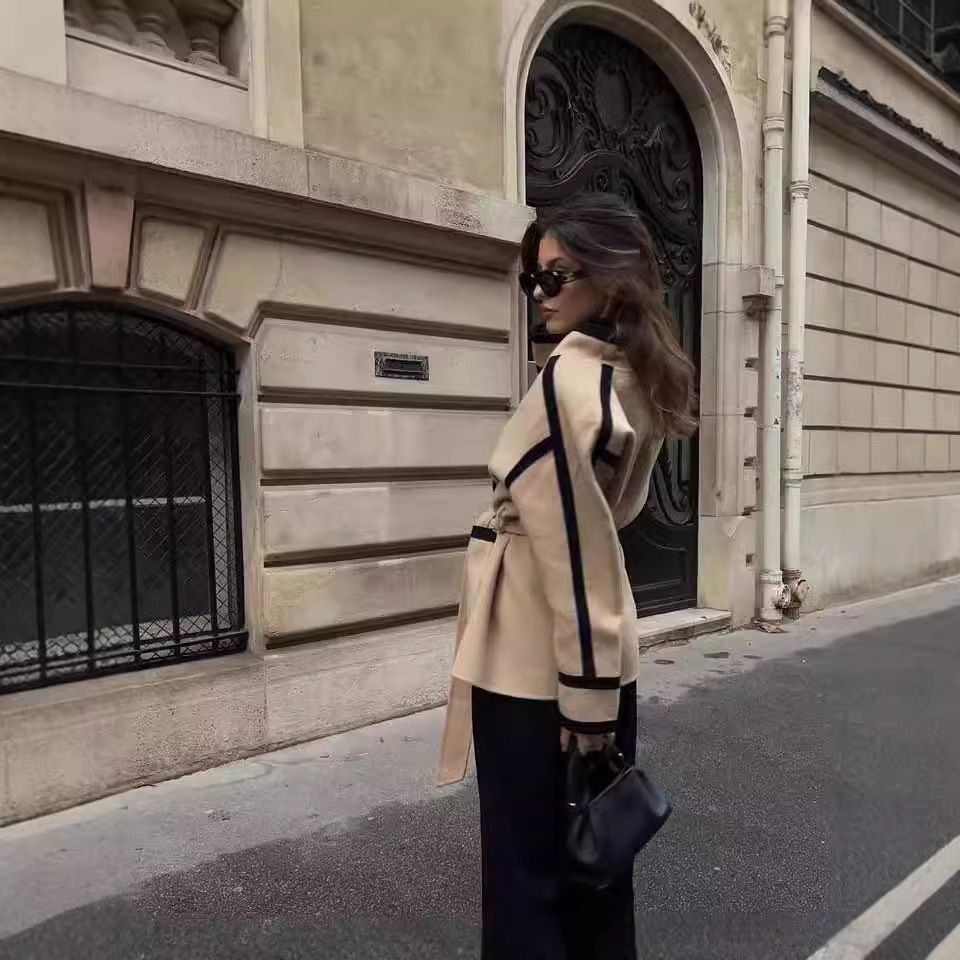 Damenbekleidung leichter Luxus 2024 Herbst und Winter neues Temperament Freizeit doppelseitiger Wollmantel mit Schnürung Kontrastfarbe mittellang_voghion.com