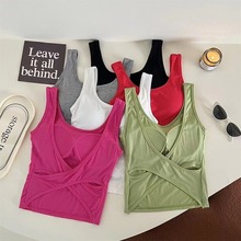 9068#网红同款美式交叉背心女方领修身内搭自带胸垫遮副乳美背女