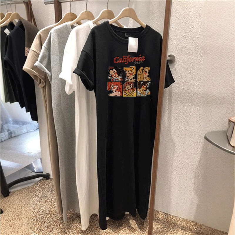 20262026 Summer New Style Cotton Cartoon Print T-Shirt Dress Lazy Short-Sleeved Over-The-Knee Long Dress 2026