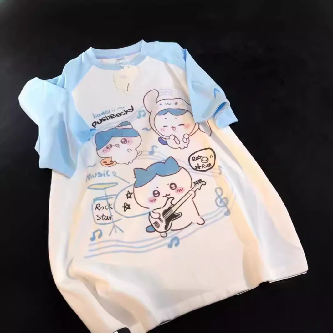 Japanese Style Sweet Cartoon Cute Color Matching Short-sleeved Summer New Loose Ins All-match Dopamine Top